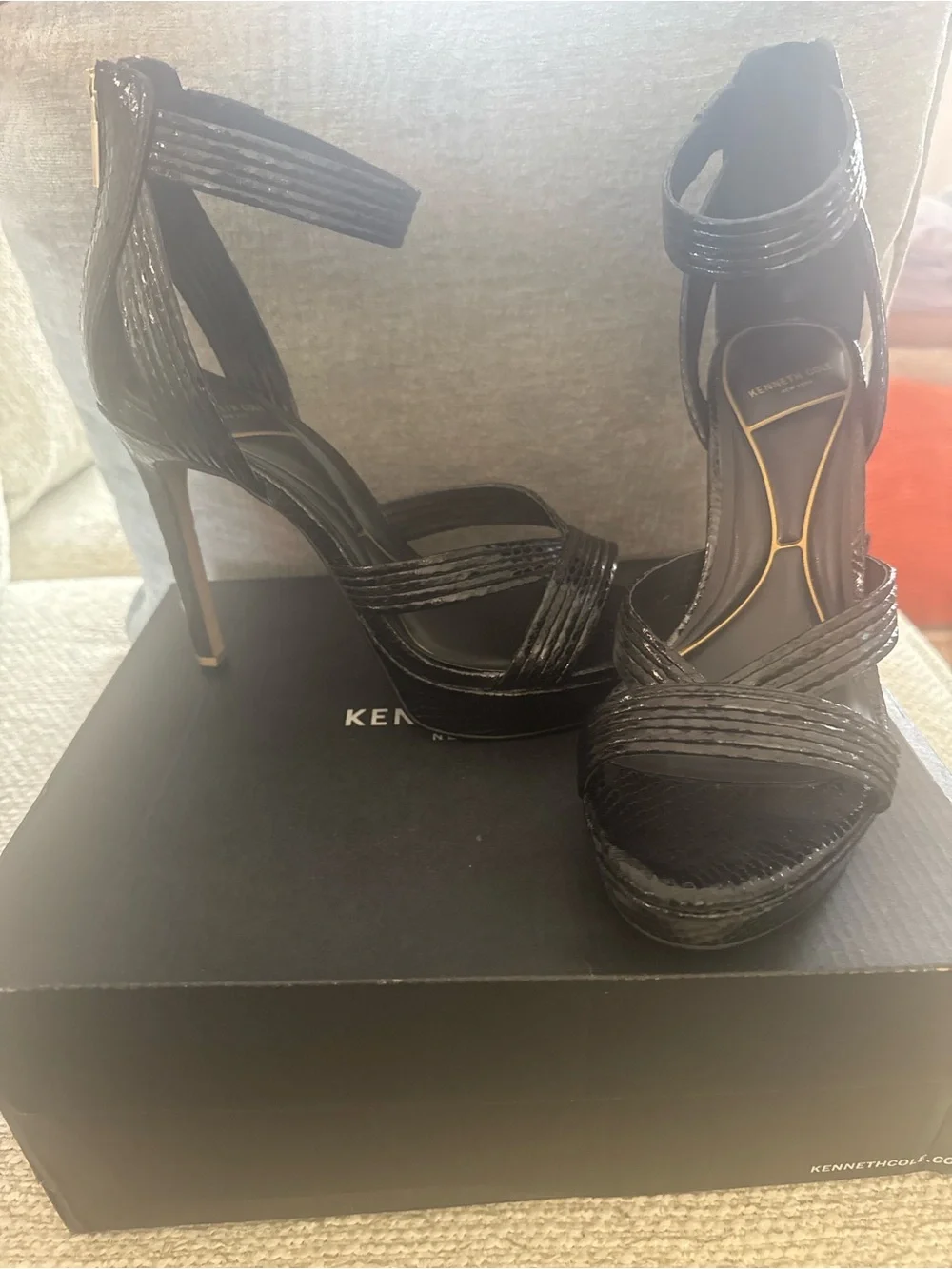Kenneth Cole Black Snake-Embossed Platform Stiletto Sandals